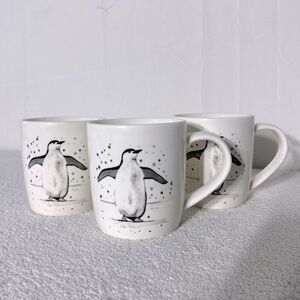 Casa Signature White Grey Ceramic Penguin Mugs X3